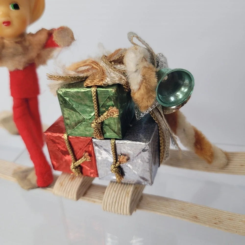 Vintage Pixie Elf Doll on Sleigh Christmas Decoration 8